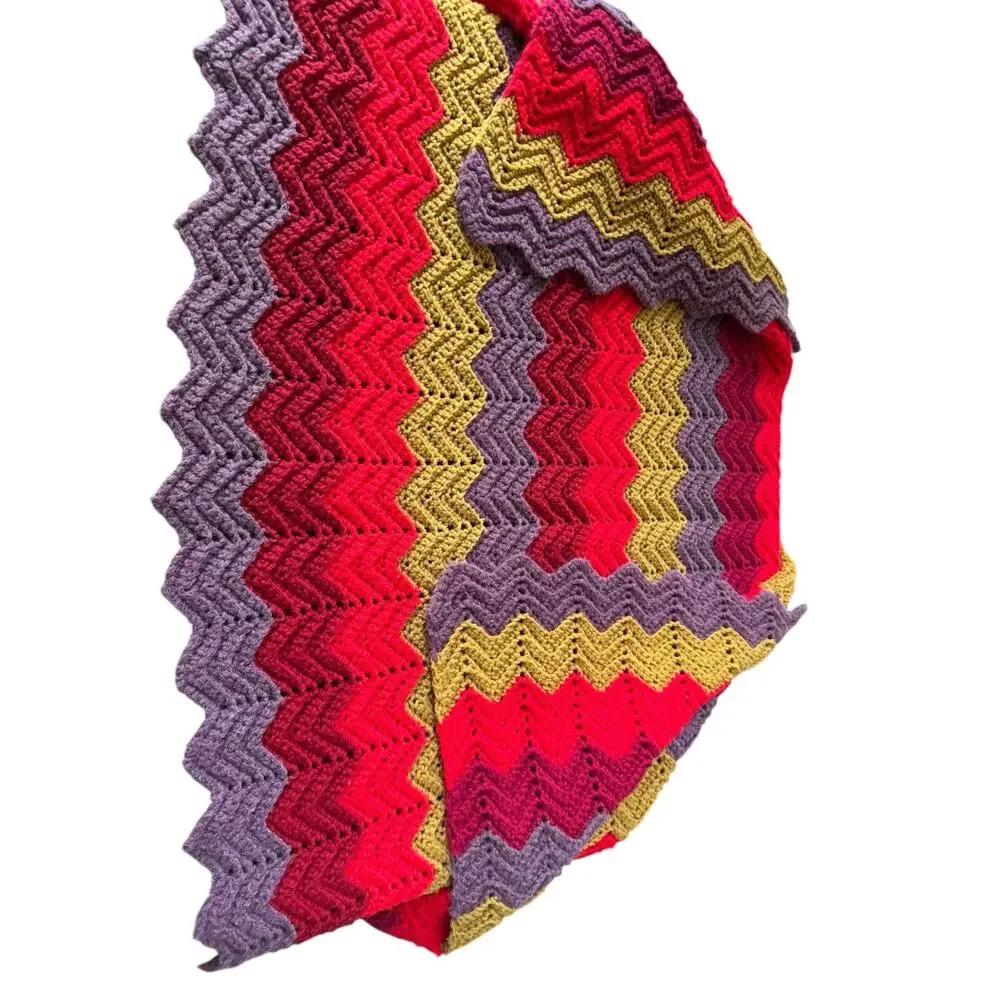 VTG Handmade Crochet Ripple Afghan Retro Chevron Multicolor Blanket‎ Throw Cozy
